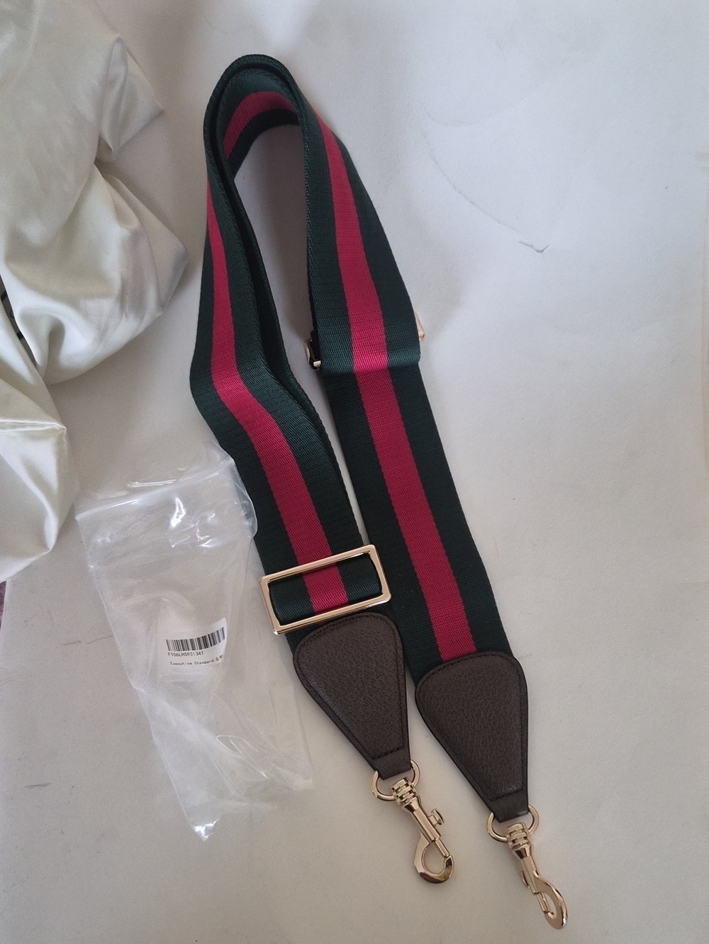 Adjustable Green and Pink Stripe Bag Strap with Gold Hardware